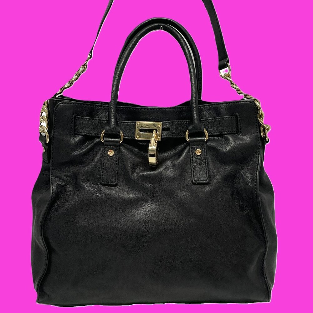 MICHAEL KORS Handbag Soft Black Leather Gold Locket Chain 2-Way *EUC* FABULOUS!!